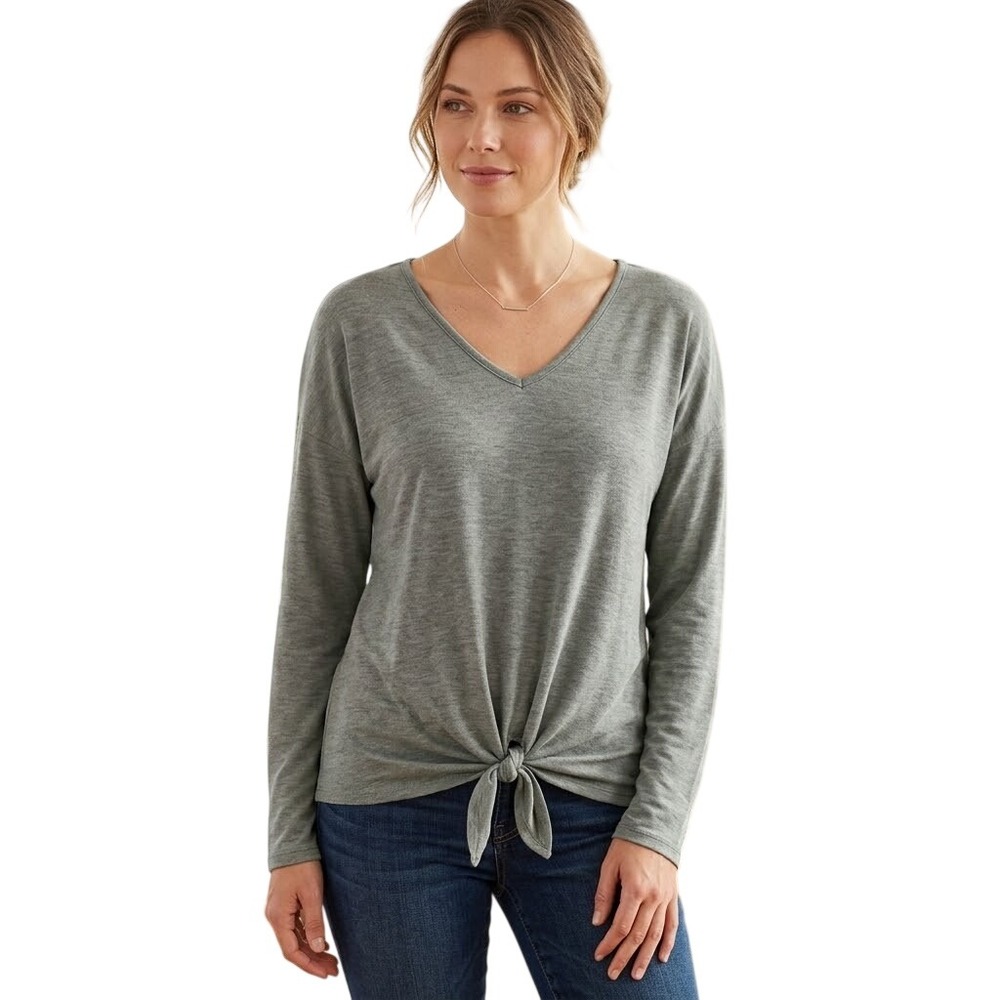 IRIS BASIC Women's Long Sleeve V Neck Tunic Top Olive Green Knot Front Size S